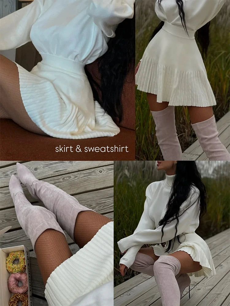 Knitted Pleated School Skirt Women Spring Winter Sexy A-line Women's Skirt Solid Casual High Waist Short Skirts For Woman Black
