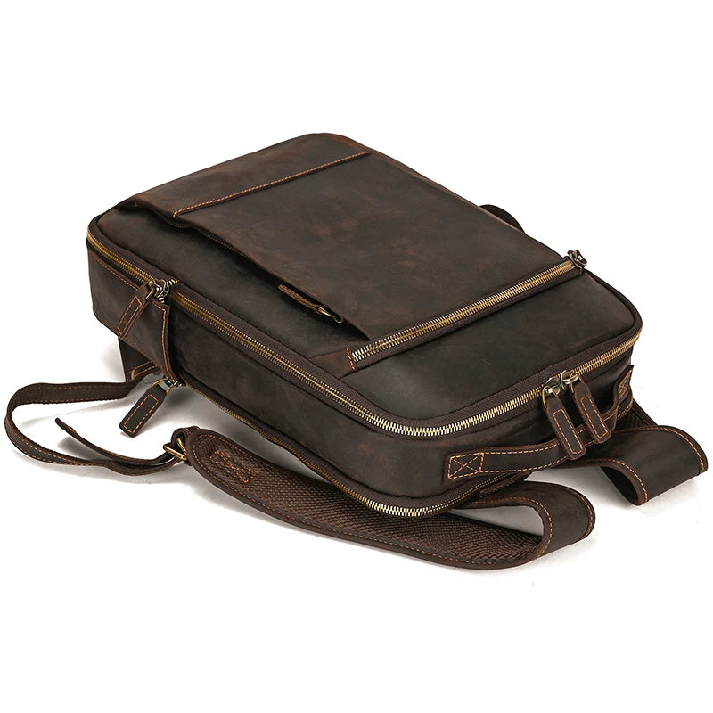 Vintage Travel Backpack leather double zipper bagpack male crazy horse leather backpack handmade leather travel bag men bag
