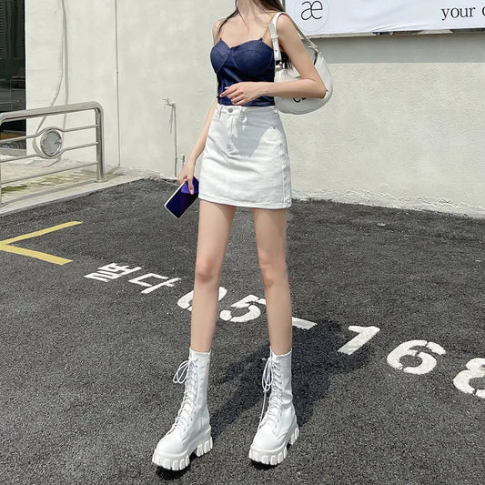 Xpqbb White Denim Skirts Women Spring Summer Korean High Waist Package Hip Skirt Woman Casual Simple Wild Jean Mini Skirts