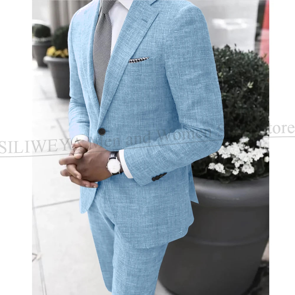 2025 Dark Gray Linen Men's Suit Bridegroom Tuxedo Tailor-Made Wedding Custom Single Breasted Male Blazer 2 pcs(Jacket+pants)