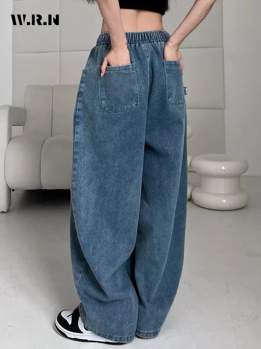 2025 Summer Women's Casual Harajuku Jeans Vintage Loose Elastic Waist Washed Pants Y2K Wide Leg Punk Baggy Denim Trouser