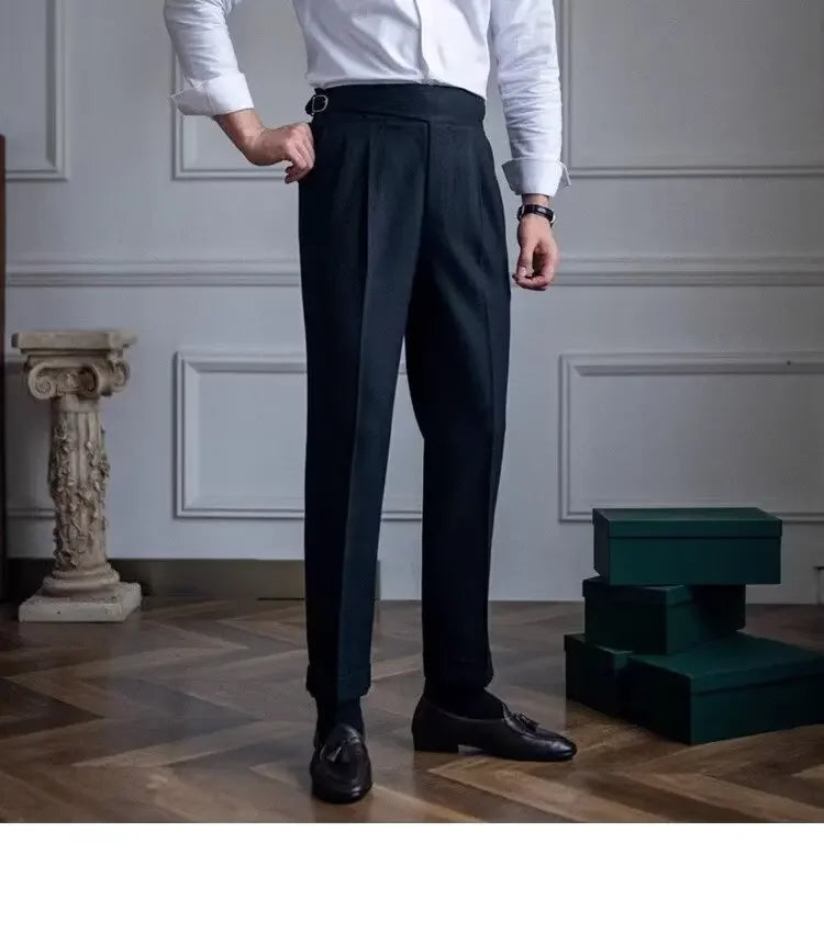 High-waisted Casual Straight-leg Suit Pants For Men Autumn Vintage Draped Waist Trousers Naples Retro Style Business Formal Wear