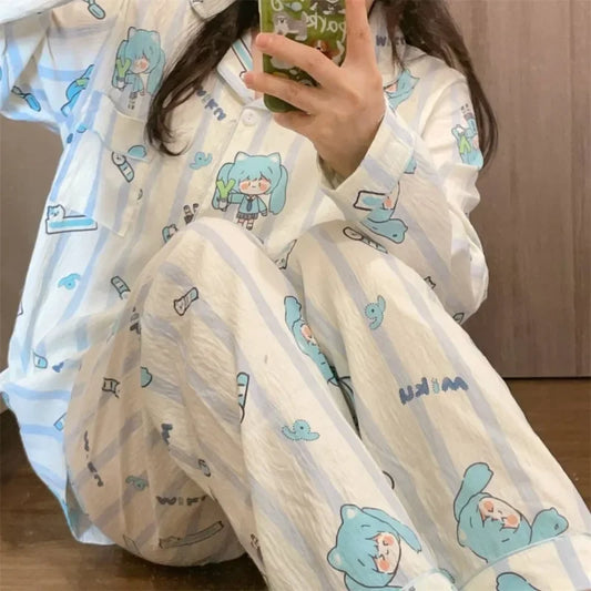 Hatsune Miku Cartoon Anime Thin Cotton Pajamas Two-piece Set Cute Spring and Autumn Student Home Wear Long-sleeved Trousers