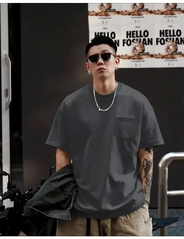Heavyweight Pocket Short Sleeve T-Shirt Pure Cotton White Base Shirt Top for Men And Women Spring Casual Breathable Crew Neck