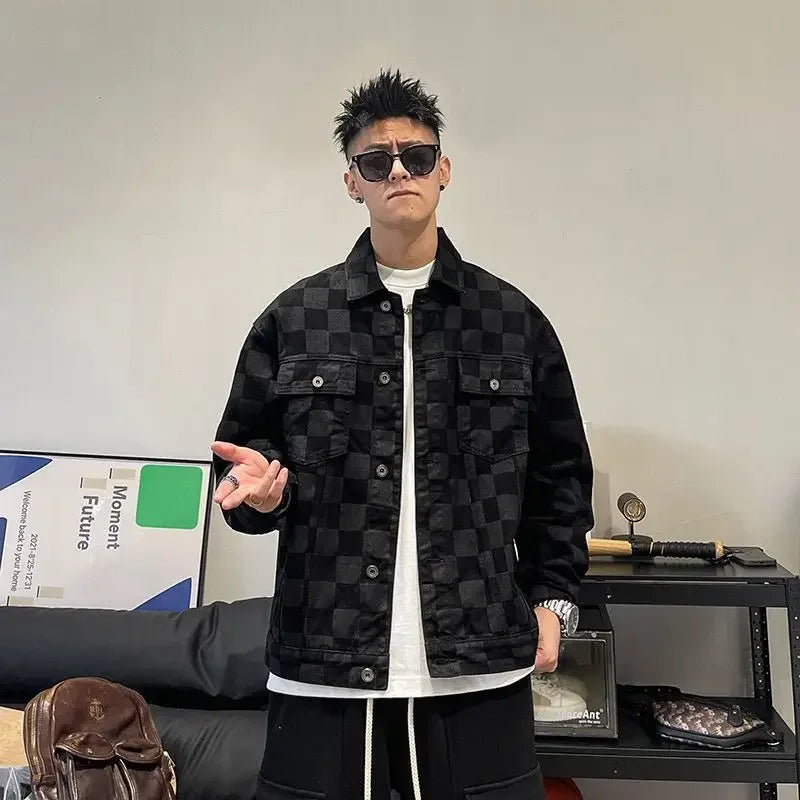 Denim Jackets Man Wide Shoulders Autumn Jeans Coat for Men Black Plaid Fashion Korean Popular Clothes of Fabric Winter 2024 Y2k