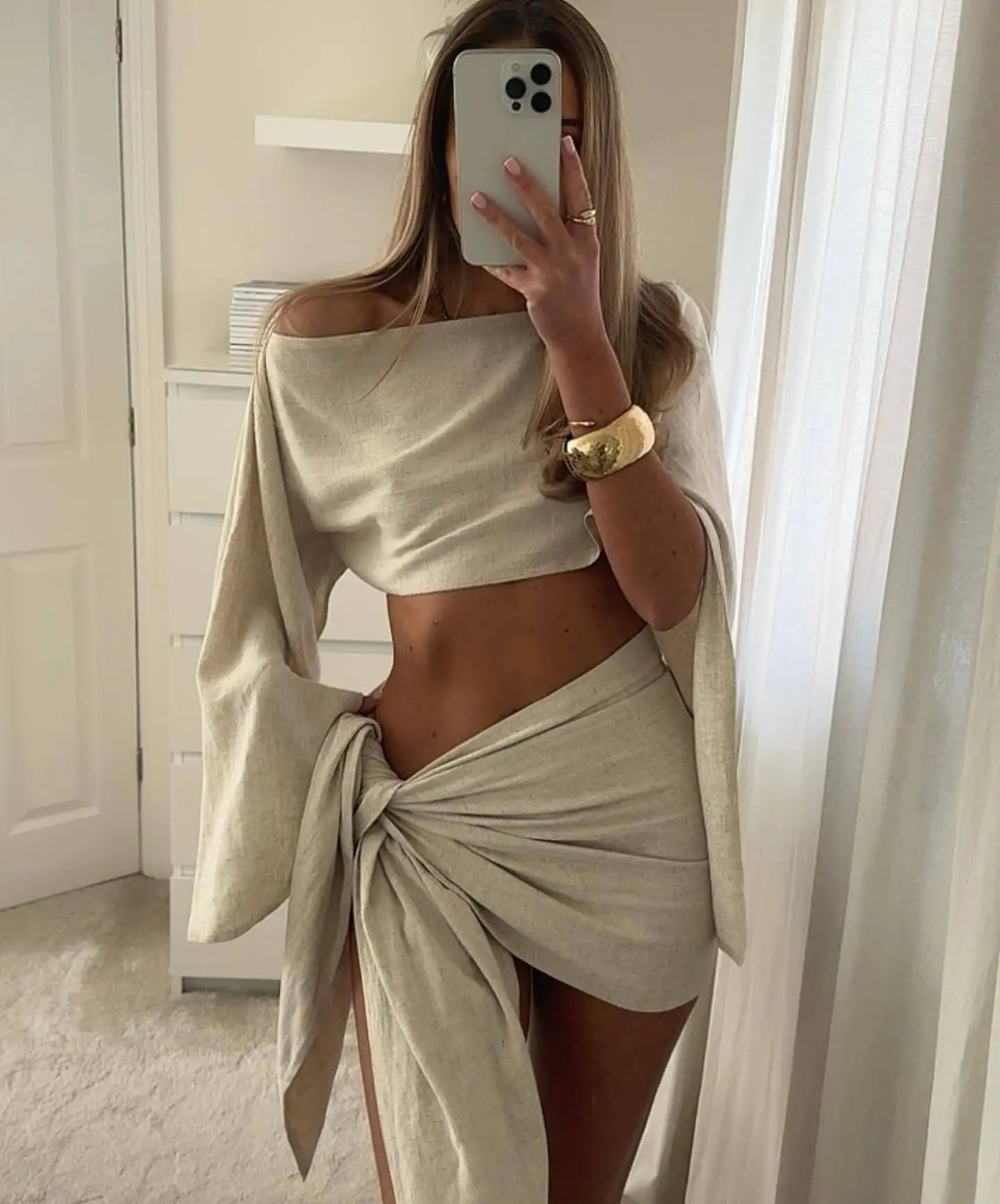 White Elegant Women Summer Vacation Cotton Linen Crop Top 2 Piece Set Fashion White Mini Skirt Suits New Lady Beach Outfits