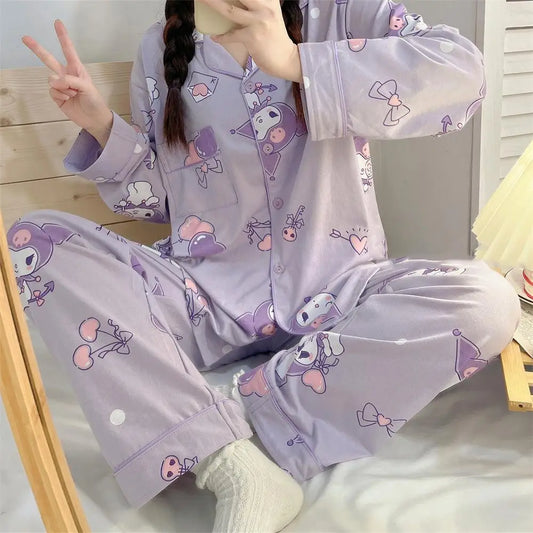 Cartoon Sanrio My Melody Long-Sleeved Pajamas Set Kawaii Cinnamoroll Printing Spring Autumn Thin Cute Girls Casual Home Clothes