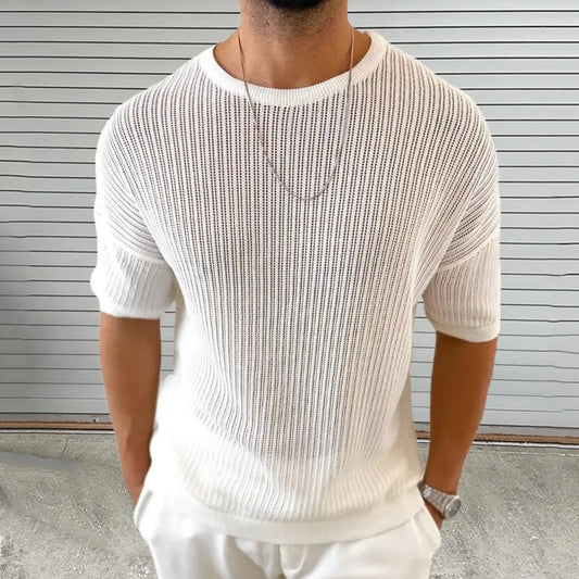 Summer New Men's Solid Color Knitted Hollow Short-Sleeved T-Shirt Retro Fashion Trend Casual Simple Daily Breathable Men's Tops