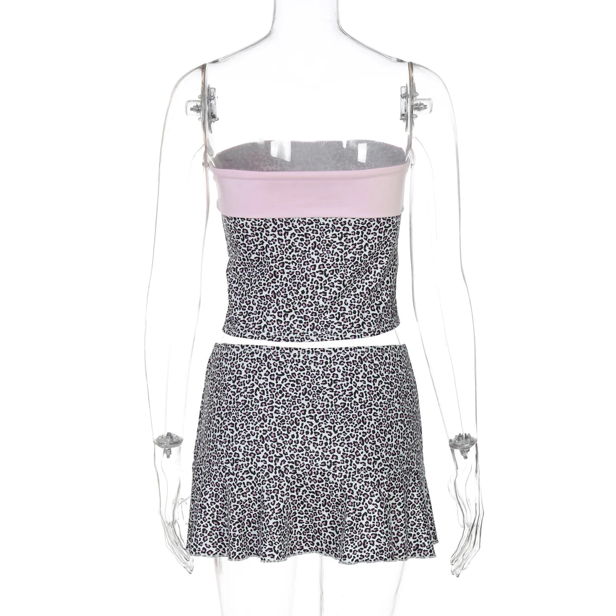 Dulzura Leopard Sexy Elegant Casual 2 Piece Skirt Set Chest Wrapping Patchwork Tank Top Short Skirt Matching Set Party Clubwear