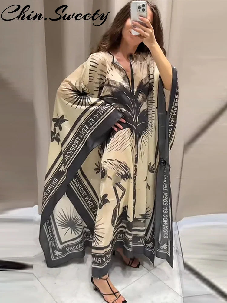 Fashion Print Pleated Long Dresses Women Party O-neck Full Sleeve Female Holiday Dresses 2025 Summer Lady Elegant  Robes
