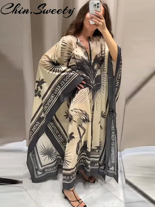 Fashion Print Pleated Long Dresses Women Party O-neck Full Sleeve Female Holiday Dresses 2025 Summer Lady Elegant  Robes