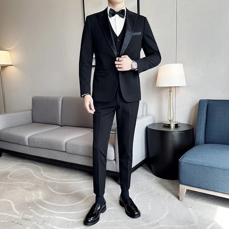 ( Jacket + Vest + Pants ) High-end Brand Boutique Fashion Men's Casual Business Black Smoking Suit Groom Wedding Dress Tuxedo