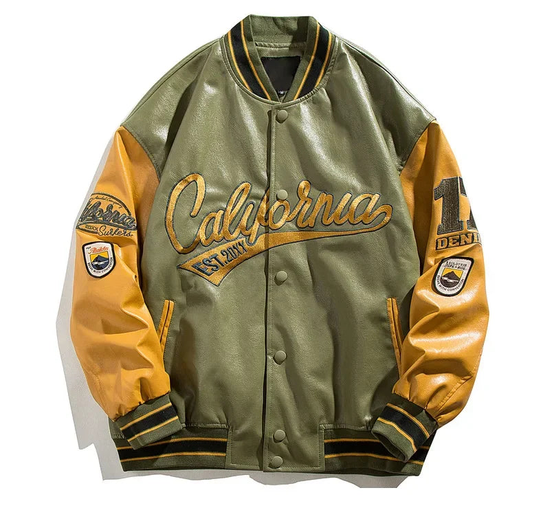 Men's High-end Feel Baseball Jacket New Spring Autumn Style Embroidered Fighter Pilot Pu Leather Patchwork Color Blocking Top