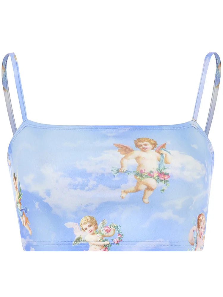 2025 New Fashion Women camisole Sling Top Vest Sleeveless Cold Shoulder The Angel Of Cupid Print Short Camis Female Summer Top