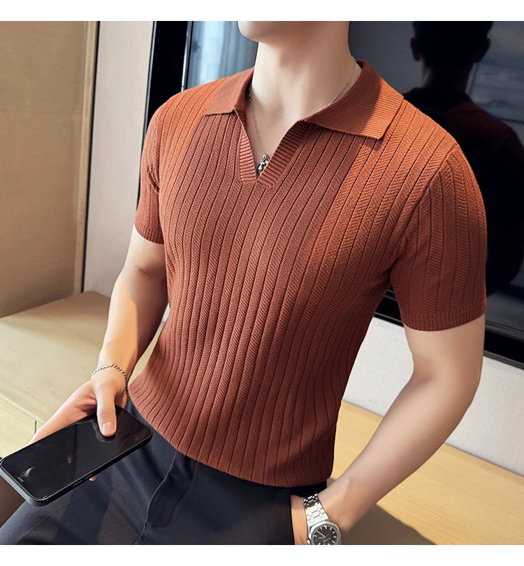 Men Striped Polo Shirt 2025 Summer Light Thin Breathable Solid Casual Elastic Slim Fit Short Sleeved V-neck T-shirt Men Clothing