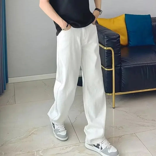 Hong Kong Style White Jeans For Men Casual Loose Fit Trendy Brand Vibe High Street Straight Leg Pants Autumn Season