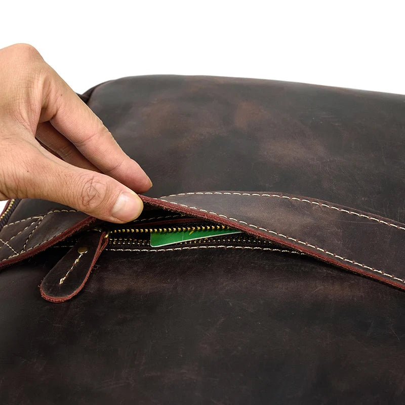 Vintage Travel Backpack leather double zipper bagpack male crazy horse leather backpack handmade leather travel bag men bag