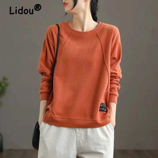 Women's Clothing Spring Autumn Appliques Casual Streetwear Cotton Sweatshirt Female O Neck Solid Long Sleeve Loose Pullover Tops