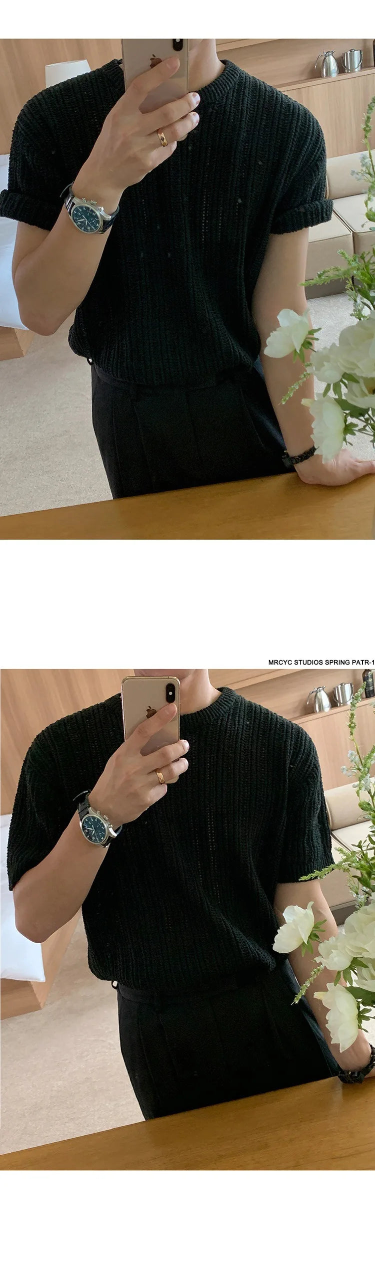 Men's Clothing Light Luxury Hollow Out O Neck Knit T Shirt Leisure Solid Color Short Sleeve Korean Popular Retro Knitwear M-2XL