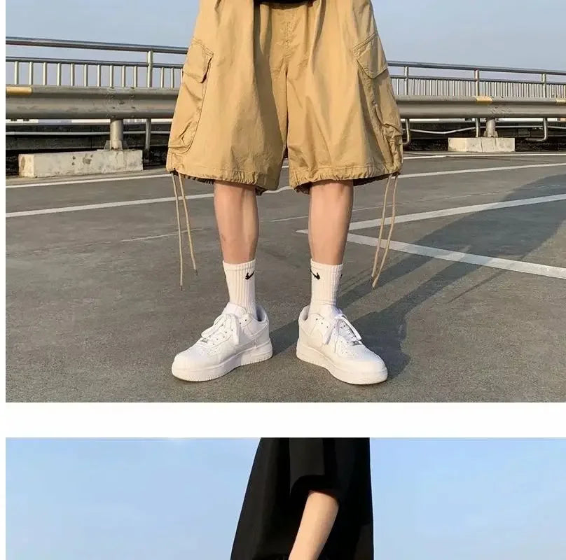 Khaki 7-point Men Summer Thin Japanese Workwear Wide-leg Loose Over-knee Shorts
