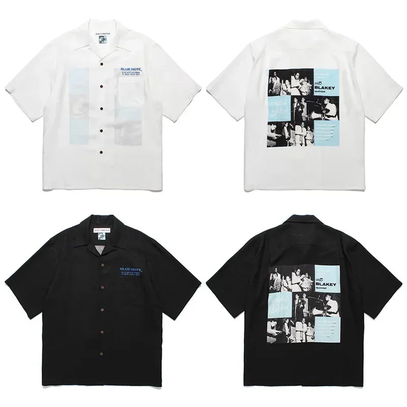 Summer Blue Letters Embroidery WACKO MARIA Shirts Men Women Graphics Print Hawaiian Short Sleeve Tee Casual Fashion Beach Shirt