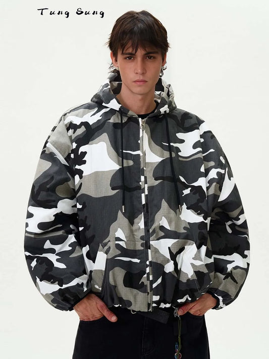 Tung Sung Camouflage Hooded Puffer Jacket Men's and Women's Loose Short Coat Men Winter