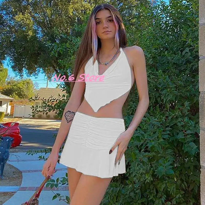 2022 Sexy Two-piece Solid Color Mini Skirt Female Sexy V-neck Crop Top + Elastic Waist Short Skirt Suit Harajuku Y2k Summer Suit