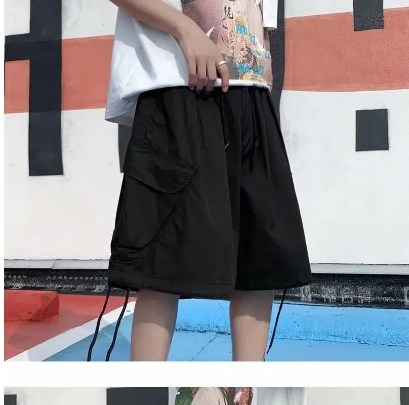 Khaki 7-point Men Summer Thin Japanese Workwear Wide-leg Loose Over-knee Shorts