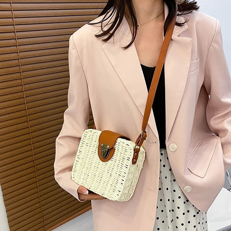 Hand-woven Women Straw Bag Ladies Shoulder Bags Beach Travel Crossbody Bag Female Small Rattan Box Handbag Shopper Totes Bohemia