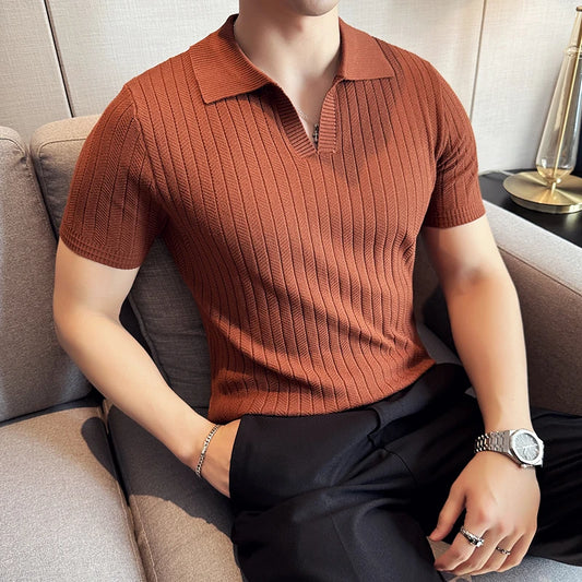 Men Striped Polo Shirt 2025 Summer Light Thin Breathable Solid Casual Elastic Slim Fit Short Sleeved V-neck T-shirt Men Clothing