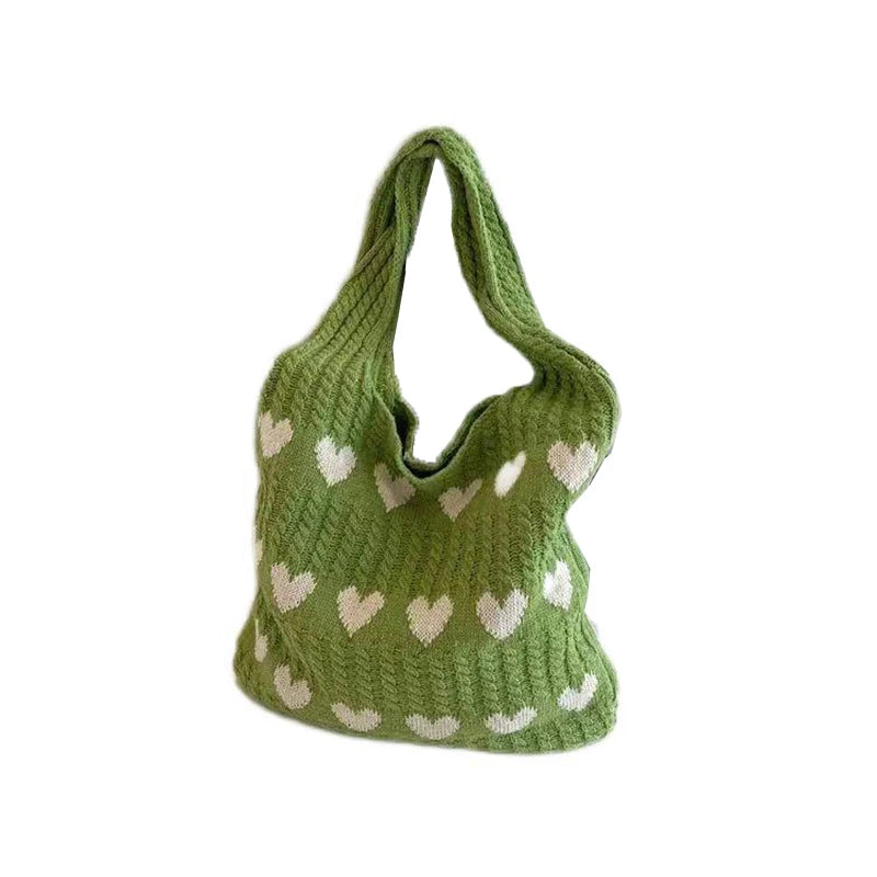 Women Knitted Bag Woven Love Heart  Pattern Wool Portable Shoulder Bag Shopping Bags Workers Students Daily Commuter Bags