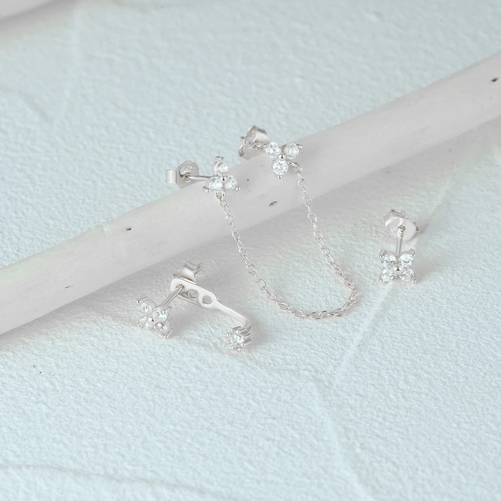 Aide 925 Sterling Silver 3pcs Set Two Stud Tassel K Gold Chain Flower Zircon Earrings For Women Fine Jewelry Valentine Day Gift