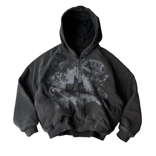 British Gothic Punk Style Printed Star Patch Embroidery Mens and Womens Hooded Cardigan Harajuku Retro Oversized Bat Sleeve Top