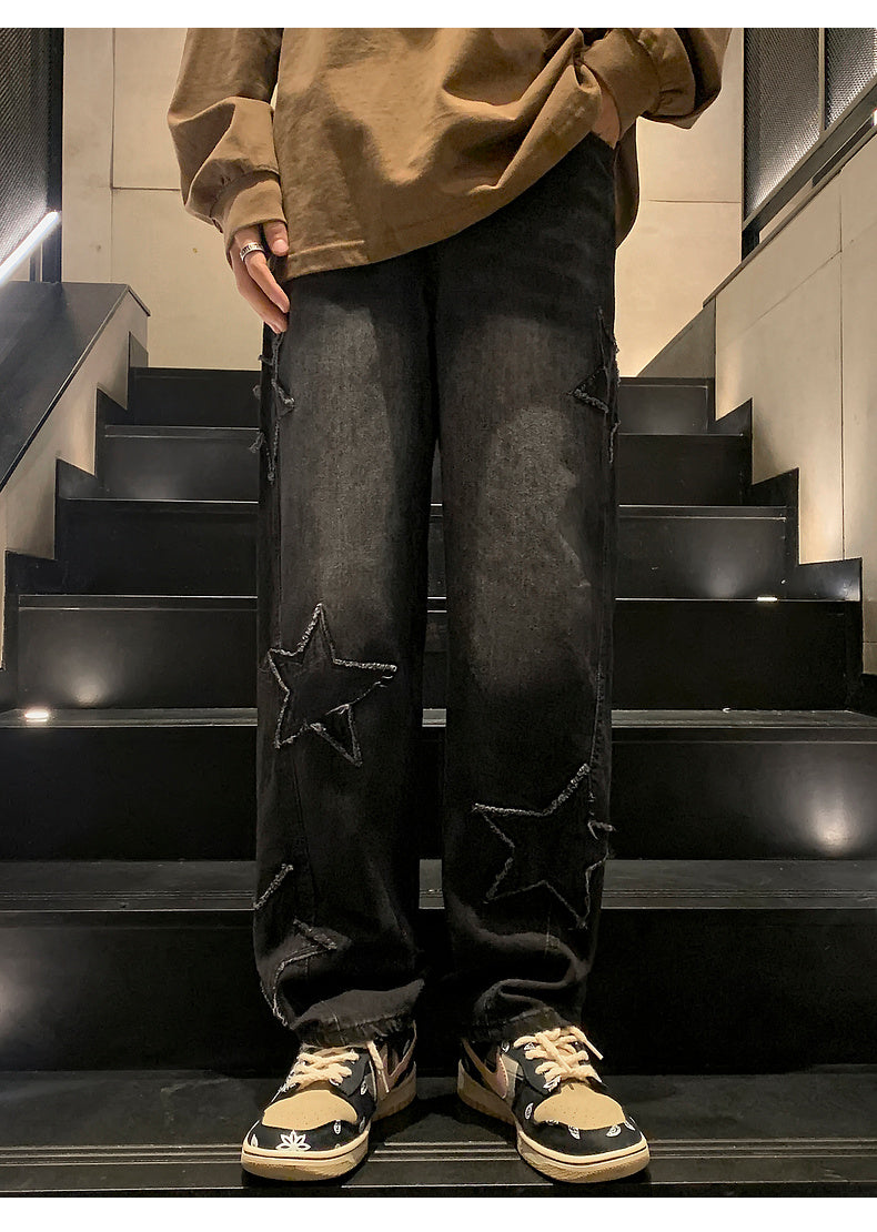 Star Embroidery Straight Casual Men Jeans Gothic Neutral New Wide Leg Loose Hip-hop Fashion Youth Streetwear Denim Trousers Y2K