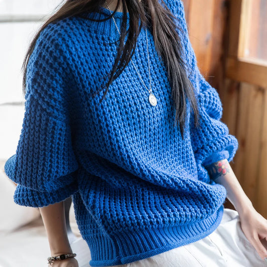 MADEN Women Cornflower Blue Knitted Sweater 2024 New Autumn Winter Long Sleeve Curled Collar Knitwear Warm Pullover Sweater