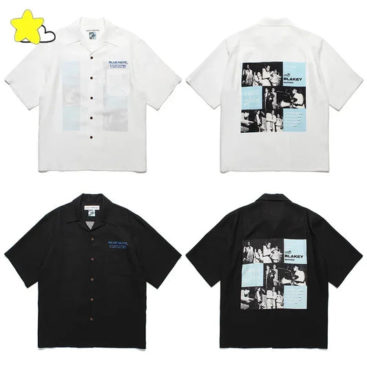 Summer Blue Letters Embroidery WACKO MARIA Shirts Men Women Graphics Print Hawaiian Short Sleeve Tee Casual Fashion Beach Shirt