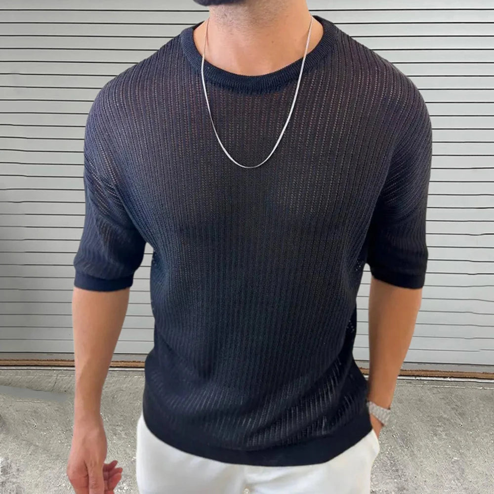 Summer New Men's Solid Color Knitted Hollow Short-Sleeved T-Shirt Retro Fashion Trend Casual Simple Daily Breathable Men's Tops