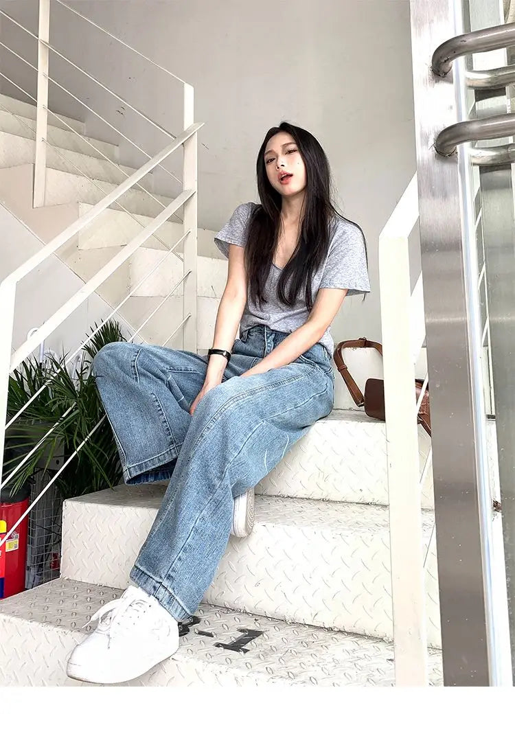 Vintage Baggy Jeans Womens' Loose-Fit Denim Pants Lightweight Bell Bottom Jean Retro Ladies' Denim Trousers Pockets Wide Pants