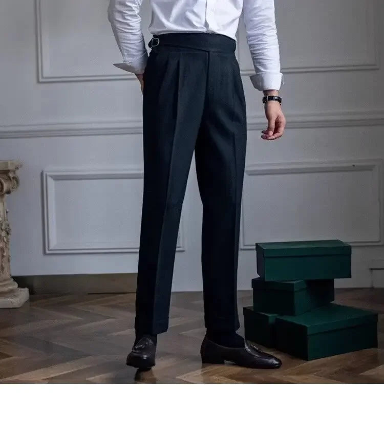 High-waisted Casual Straight-leg Suit Pants For Men Autumn Vintage Draped Waist Trousers Naples Retro Style Business Formal Wear