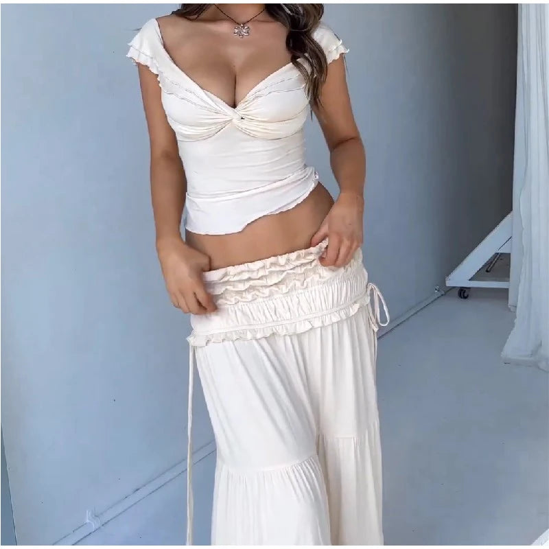 Fashion Solid Folds Long Skirt Sets For Women Summer Sexy Off Shoulder V-neck Cropped Tops High Waist Long Skirts 2 Pieces Sets