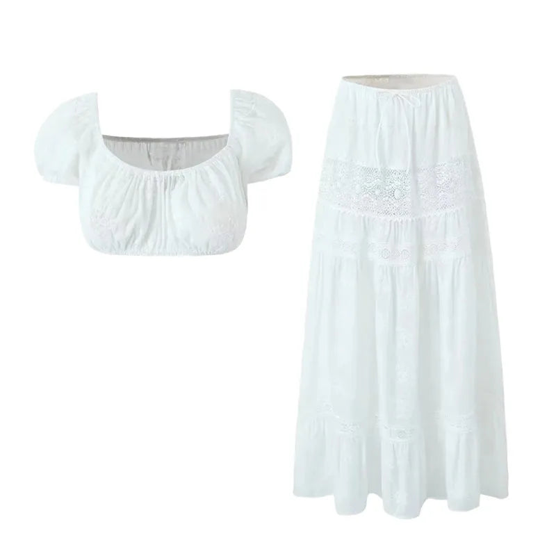 Lace Skirt Set Dress Summer Women Beach Holiday Sexy Cotton Matching Set Outfits Spring White 2 Pcs Vestidos Female Set 2025