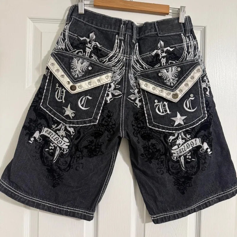 American Summer New Pattern Printing Oversized Casual Denim Shorts Men Y2K Gothic Hip Hop Casual Joker Sports Couple Pants