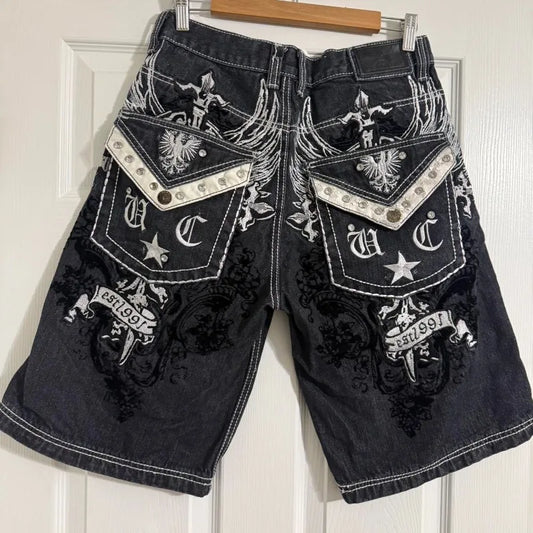 American Summer New Pattern Printing Oversized Casual Denim Shorts Men Y2K Gothic Hip Hop Casual Joker Sports Couple Pants