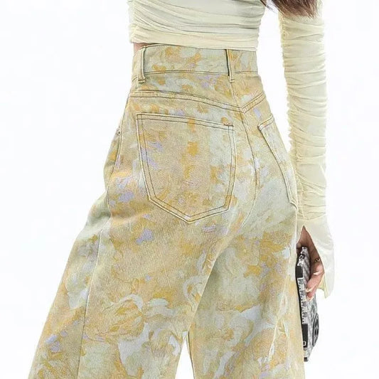 New High Waist 2025 American Retro Plant Flower Print Ladies Commuter Wide-leg Jeans Youthful and Beautiful Out of The Street