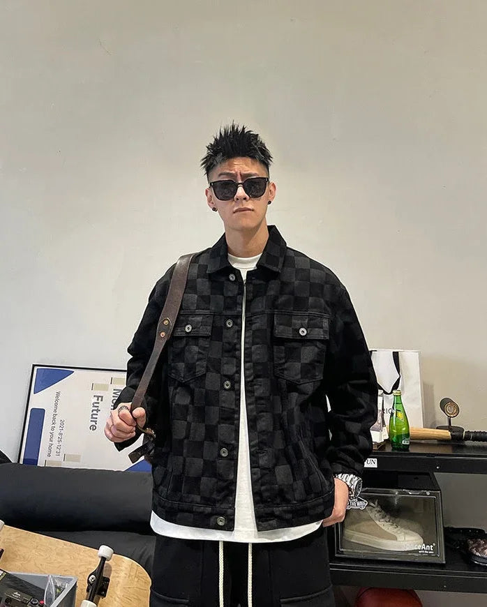 Denim Jackets Man Wide Shoulders Autumn Jeans Coat for Men Black Plaid Fashion Korean Popular Clothes of Fabric Winter 2024 Y2k