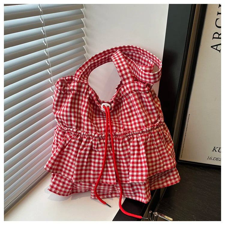 Korean Sle Large Capaci Canvas Tote Bag Blue Plaid Single oulder Skirt Pleated Gown Bag Faionable Casual Handbag