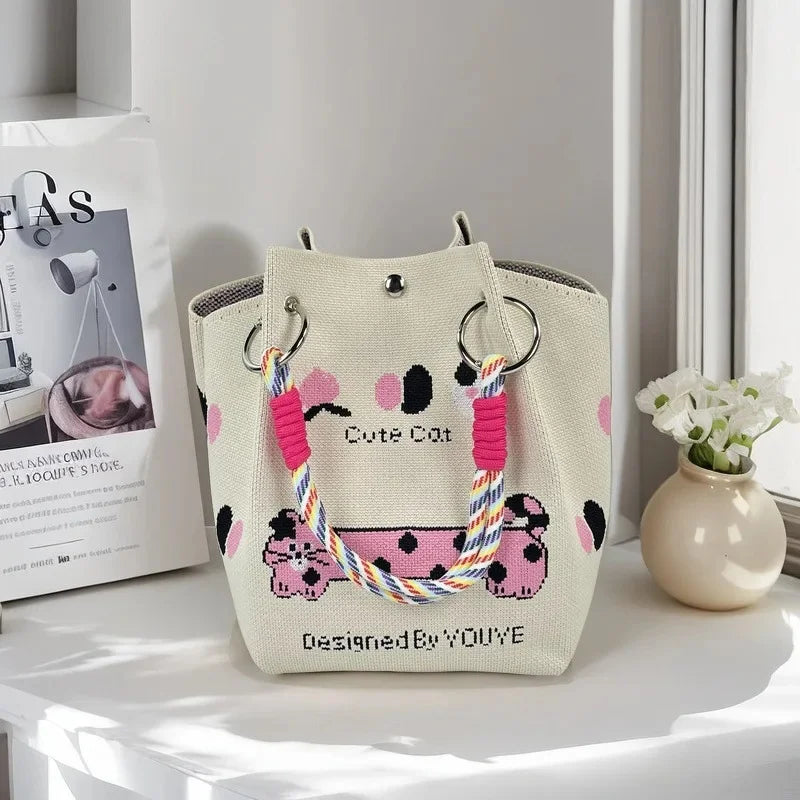Cute Cat Design Large Capacity Portable Tote Bag Casual Versatile Commuter Bucket Bag Polyester Fiber Handbag from Mainland Chin