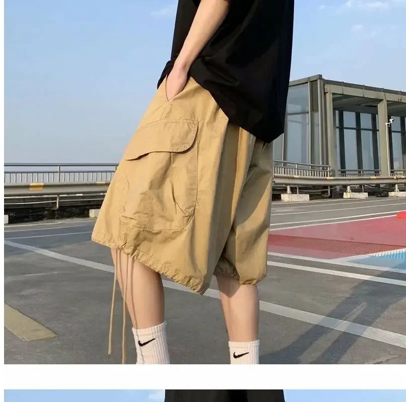 Khaki 7-point Men Summer Thin Japanese Workwear Wide-leg Loose Over-knee Shorts