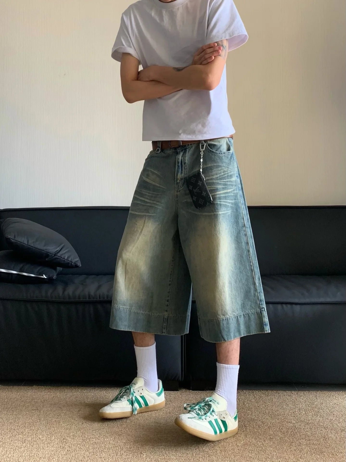 2024 Summer New Style Vintage Wide-leg Jeans 7-point Straight Leg Denim Mid-length Shorts For Men American Retro Loose Fit