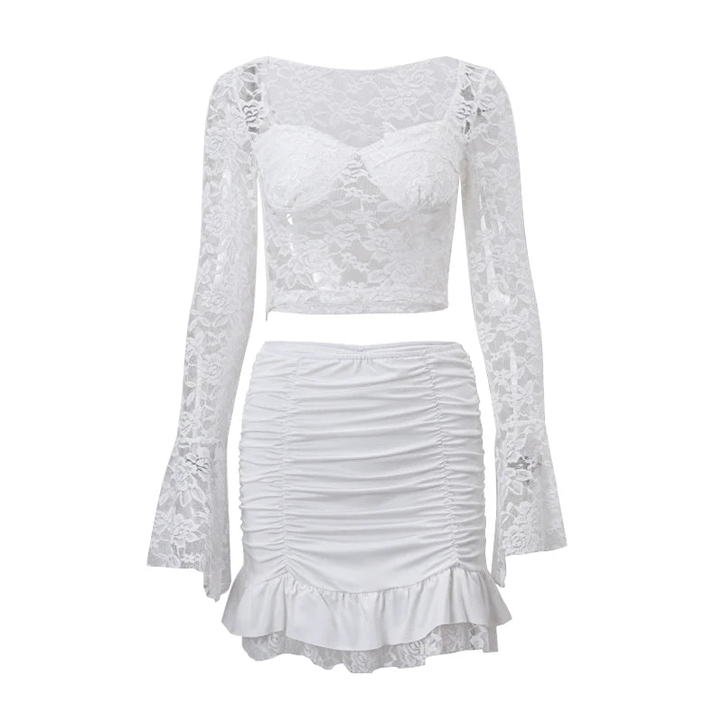 WhereMery French Elegant Y2K Lace See-through Long Sleeve Crop Top and Ruched Slim Skinny Mini Skirt Fashion Women's 2 Piece Set